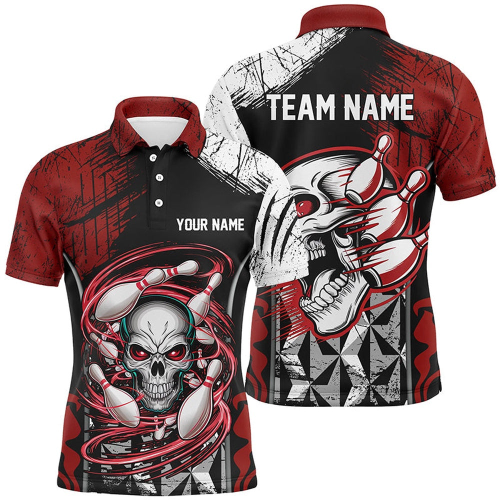 Custom Bowling Polo Shirts, Red And Black Custom Skull Bowling Shirts, Short Sleeve Bowling Polo Shirts For Men Bowling Uniform