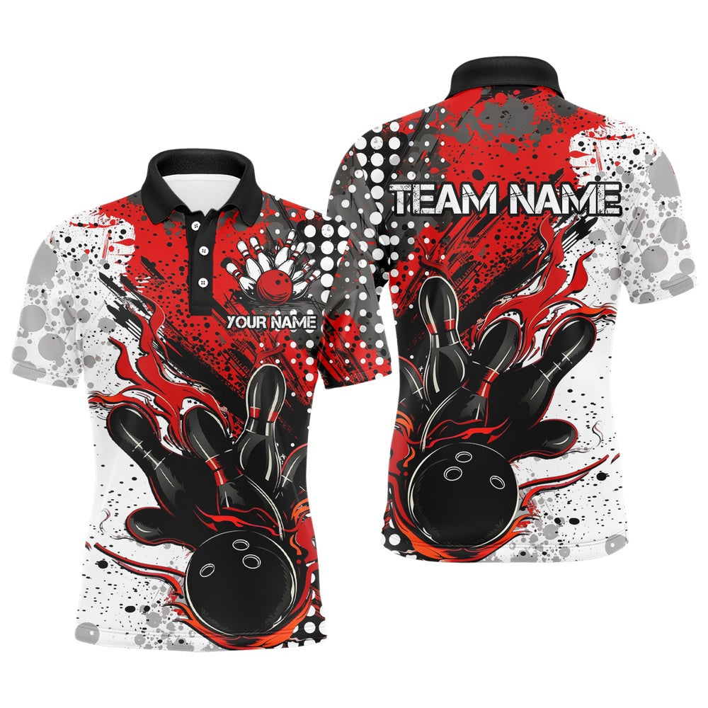 Custom Bowling Polo Shirts, Red And Black Flame Bowling Team Shirts, Strike Bowling Short Sleeve Polo Shirts For Men