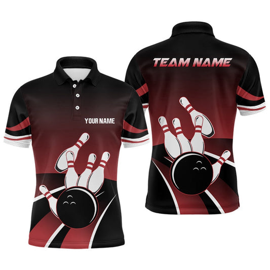 Custom Bowling Polo Shirts, Red And Black Mens Polo Bowling Shirts Custom Bowling Ball Pins Team Jersey, Gift For Team Bowlers