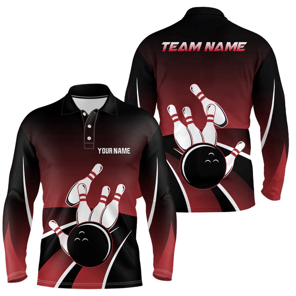 Custom Bowling Polo Shirts, Red And Black Mens Polo Bowling Shirts Custom Bowling Ball Pins Team Jersey, Gift For Team Bowlers
