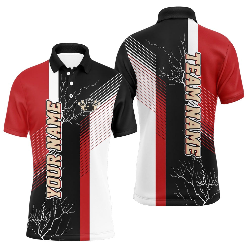 Custom Bowling Polo Shirts, Red And Black Plaid Pattern Custom Bowling Polo Shirts For Men, Team Bowling Jerseys