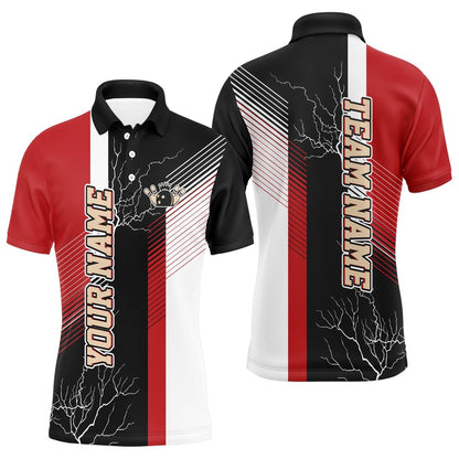 Custom Bowling Polo Shirts, Red And Black Plaid Pattern Custom Bowling Polo Shirts For Men, Team Bowling Jerseys