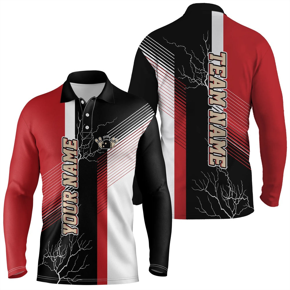 Custom Bowling Polo Shirts, Red And Black Plaid Pattern Custom Bowling Polo Shirts For Men, Team Bowling Jerseys