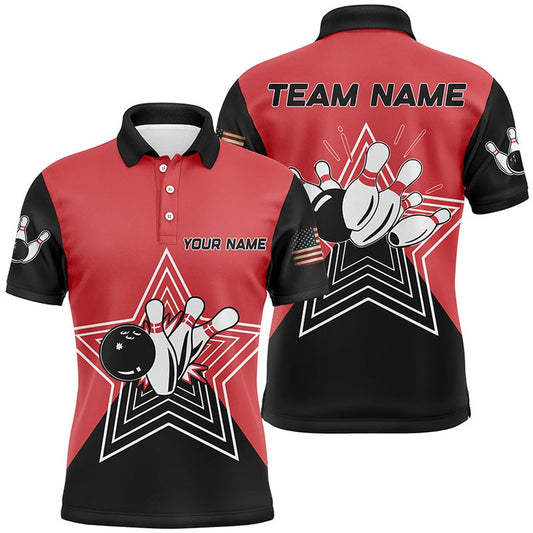 Custom Bowling Polo Shirts, Red And Black Retro Bowling Ball Pins Star Custom Mens Polo Bowling Shirt Team League Jerseys