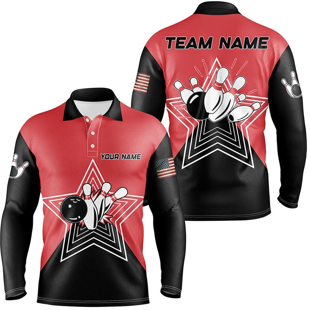 Custom Bowling Polo Shirts, Red And Black Retro Bowling Ball Pins Star Custom Mens Polo Bowling Shirt Team League Jerseys