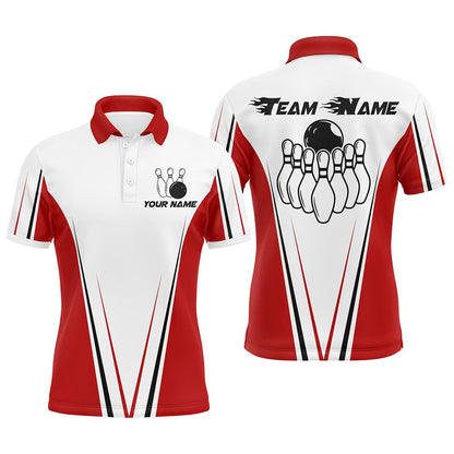 Custom Bowling Polo Shirts, Red And White Men Bowling Shirt Personalized Custom Name Bowling Polo Shirt For Team Bowler Jersey