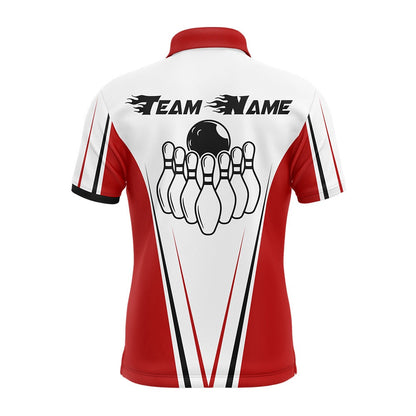 Custom Bowling Polo Shirts, Red And White Men Bowling Shirt Personalized Custom Name Bowling Polo Shirt For Team Bowler Jersey