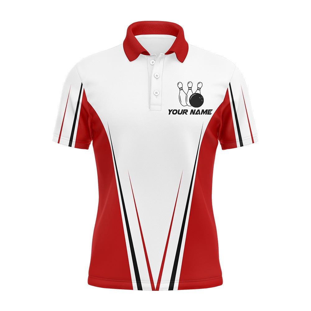 Custom Bowling Polo Shirts, Red And White Men Bowling Shirt Personalized Custom Name Bowling Polo Shirt For Team Bowler Jersey