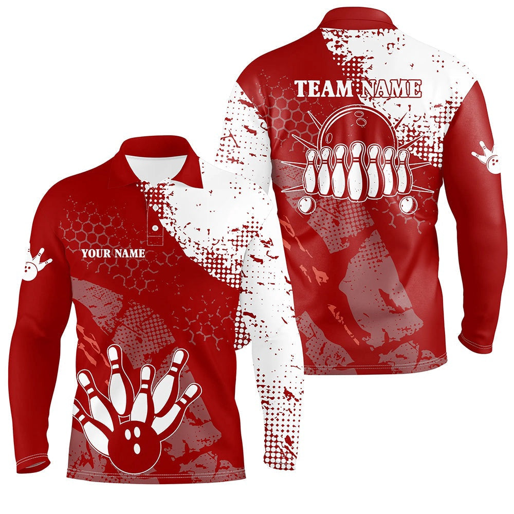 Custom Bowling Polo Shirts, Red And White Mens Polo Bowling Shirts Custom Retro Bowling Ball Pins Bowling Team League Jerseys