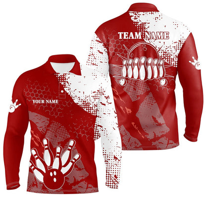 Custom Bowling Polo Shirts, Red And White Mens Polo Bowling Shirts Custom Retro Bowling Ball Pins Bowling Team League Jerseys