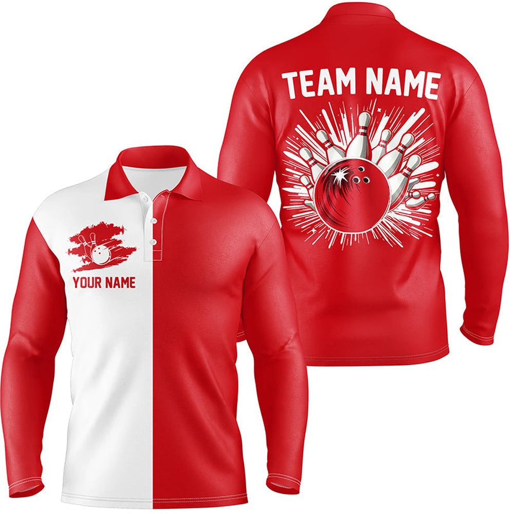 Custom Bowling Polo Shirts, Red And White Retro Bowling Shirts For Men Custom Team Bowling Jerseys Gift For Bowlers
