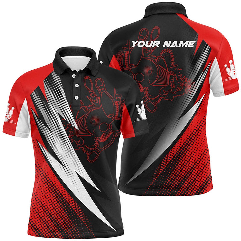 Custom Bowling Polo Shirts, Red & Black Bowling Balls And Pins Customizable Bowling Polo Shirts For Men, Team Bowling Jerseys