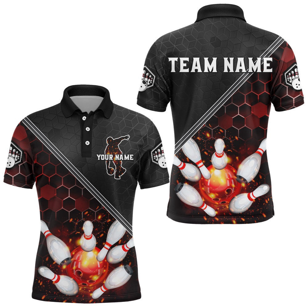 Custom Bowling Polo Shirts, Red&Black Bowling Jersey Flame Bowling Polo Shirt For Men Custom Bowling Team Shirt