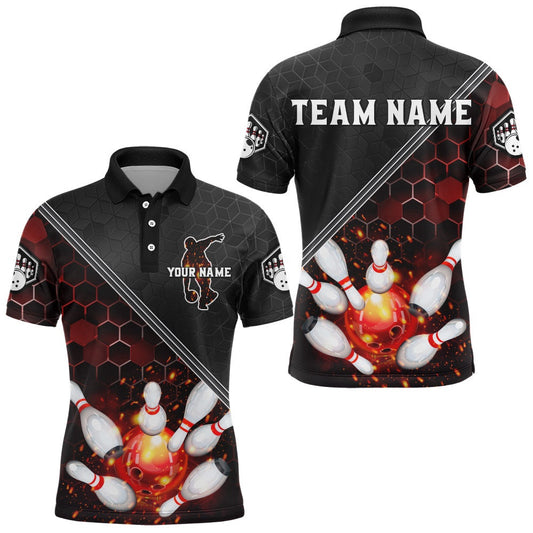 Custom Bowling Polo Shirts, Red&Black Bowling Jersey Flame Bowling Polo Shirt For Men Custom Bowling Team Shirt