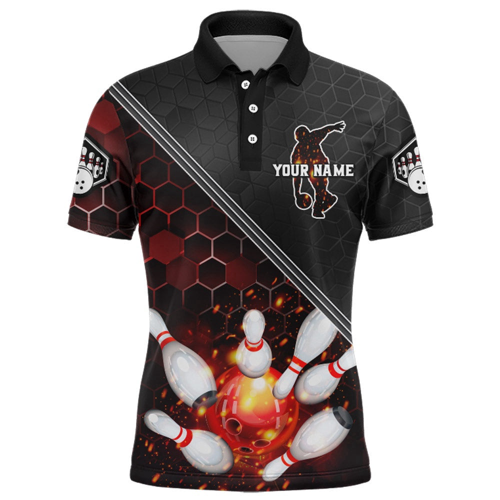 Custom Bowling Polo Shirts, Red&Black Bowling Jersey Flame Bowling Polo Shirt For Men Custom Bowling Team Shirt