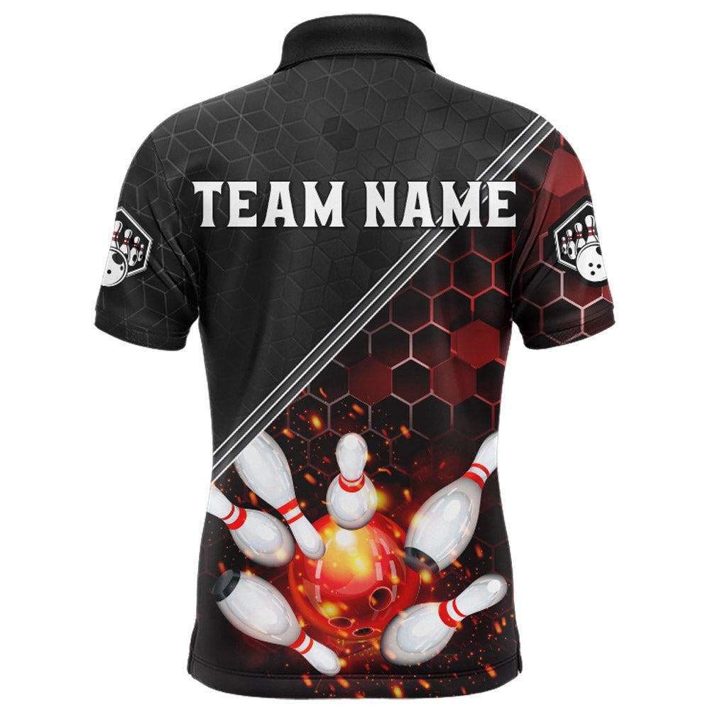 Custom Bowling Polo Shirts, Red&Black Bowling Jersey Flame Bowling Polo Shirt For Men Custom Bowling Team Shirt