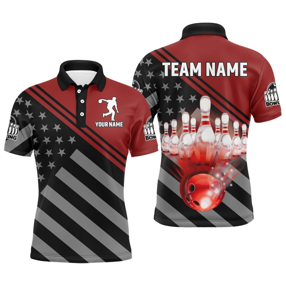Custom Bowling Polo Shirts, Red&Black Bowling Jersey For Men Custom Bowling Shirt American Flag Bowling Polo Shirt