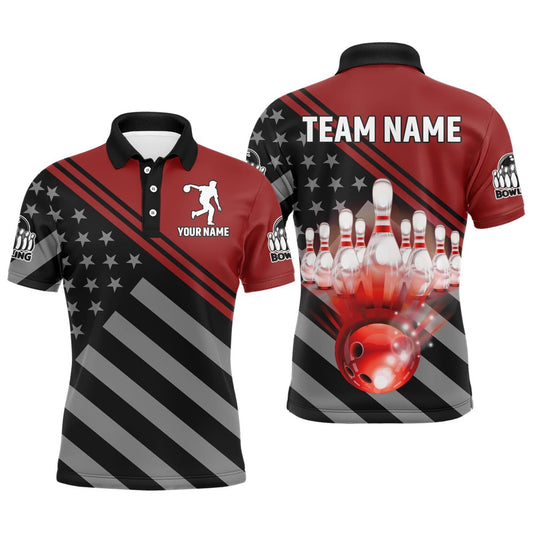 Custom Bowling Polo Shirts, Red&Black Bowling Jersey For Men Custom Bowling Shirt American Flag Bowling Polo Shirt