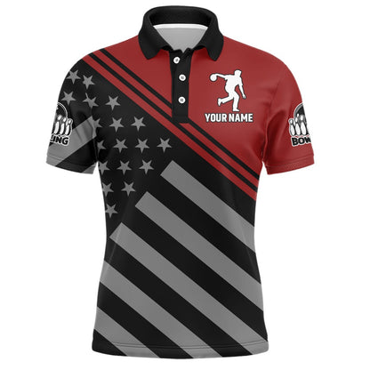 Custom Bowling Polo Shirts, Red&Black Bowling Jersey For Men Custom Bowling Shirt American Flag Bowling Polo Shirt