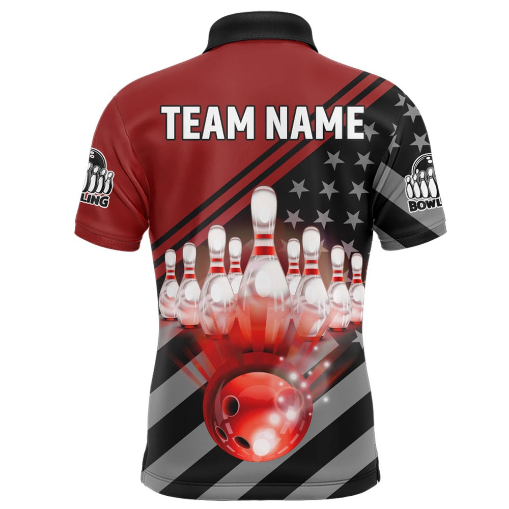 Custom Bowling Polo Shirts, Red&Black Bowling Jersey For Men Custom Bowling Shirt American Flag Bowling Polo Shirt