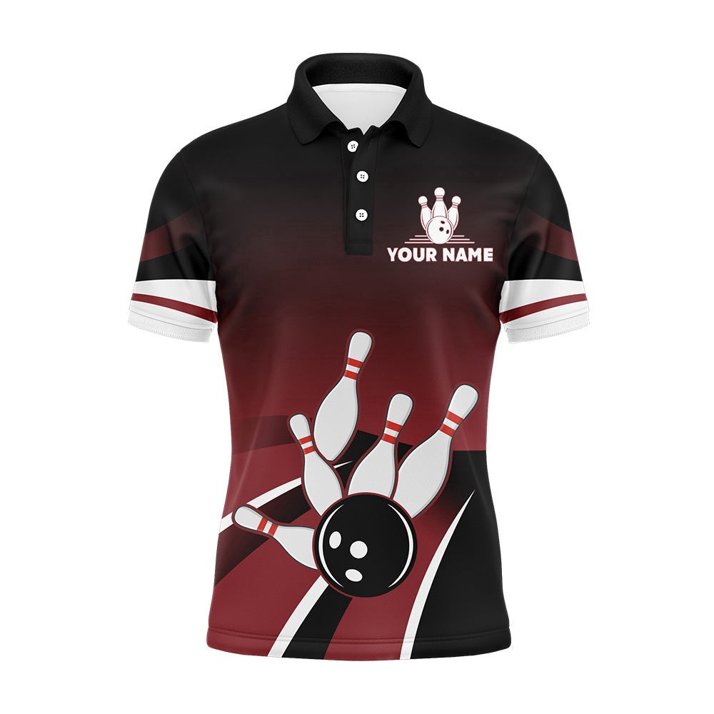 Custom Bowling Polo Shirts, Red & Black Funny Polo Bowling Shirt For Men, Custom Name Bowling Jersey, Vintage Bowlers Shirt