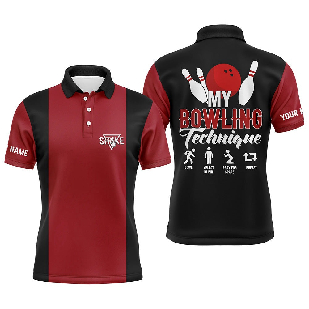 Custom Bowling Polo Shirts, Red Black Vintage Mens Polo Bowling Shirts Custom My Bowling Technique Strike Bowling Team Jersey