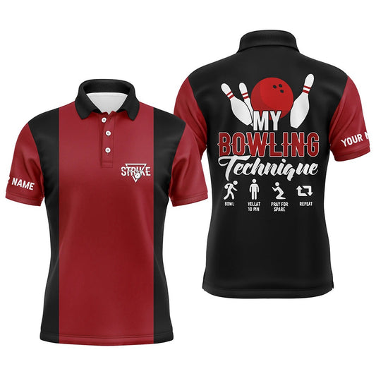 Custom Bowling Polo Shirts, Red Black Vintage Mens Polo Bowling Shirts Custom My Bowling Technique Strike Bowling Team Jersey