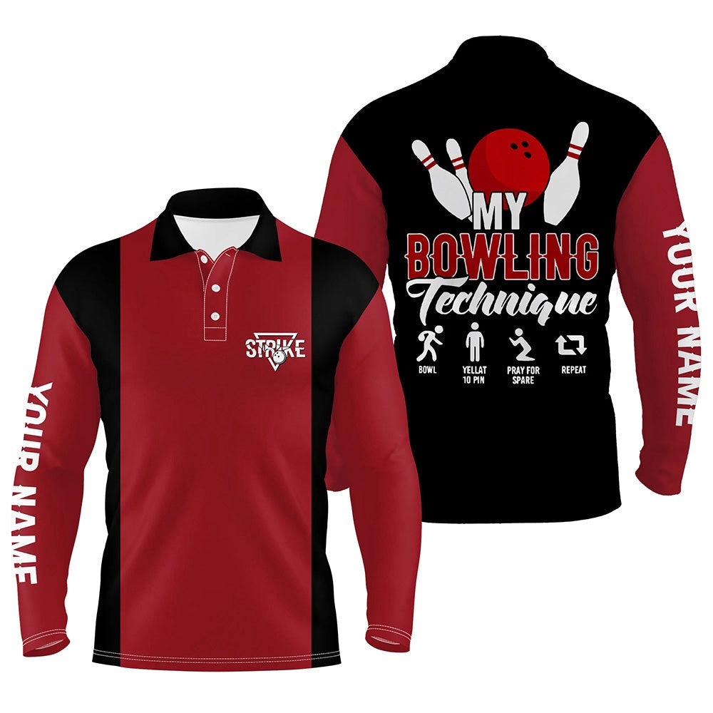Custom Bowling Polo Shirts, Red Black Vintage Mens Polo Bowling Shirts Custom My Bowling Technique Strike Bowling Team Jersey