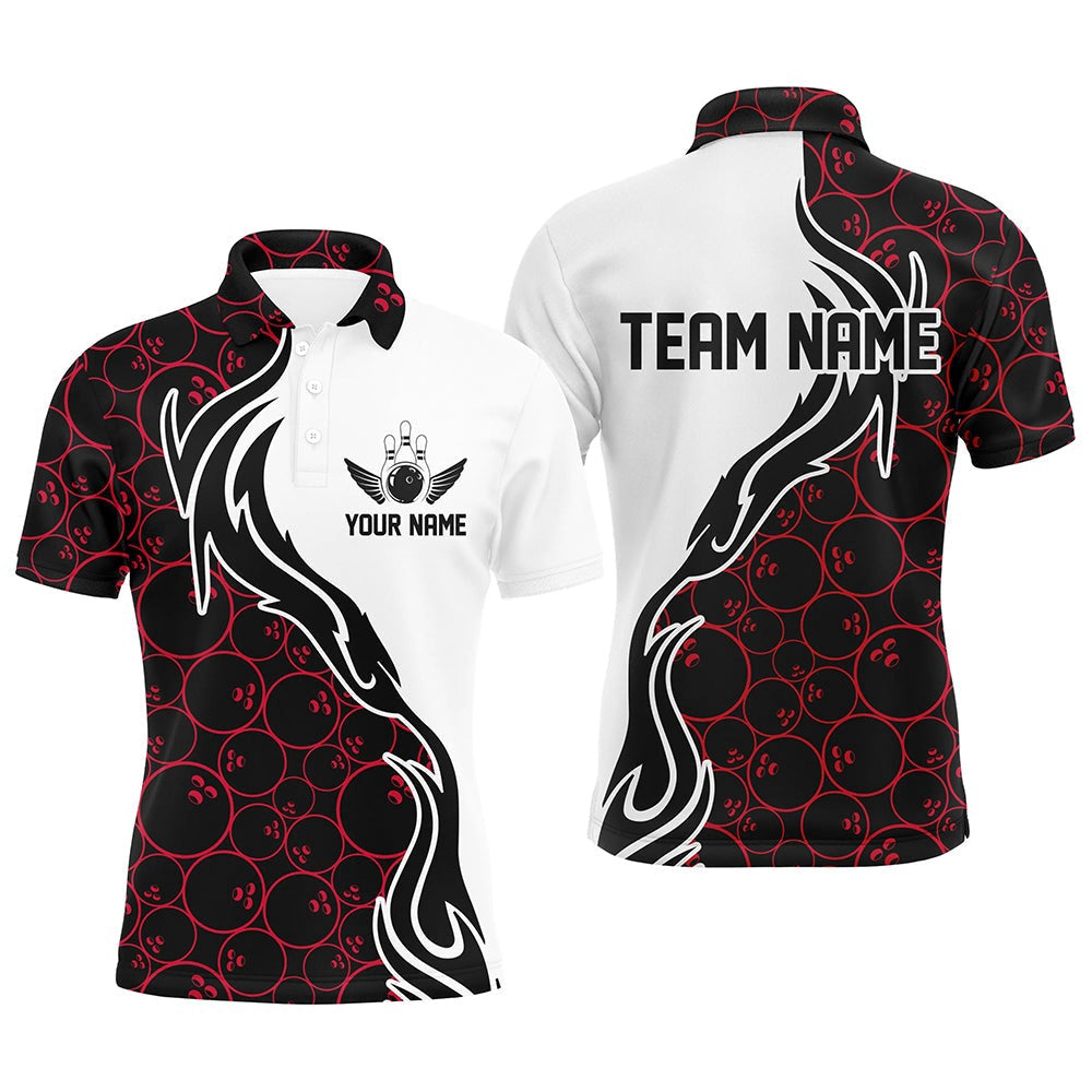 Custom Bowling Polo Shirts, Red Bowling Pattern Custom Men Bowling Polo Shirts Flame Bowling Team Jerseys Tournament