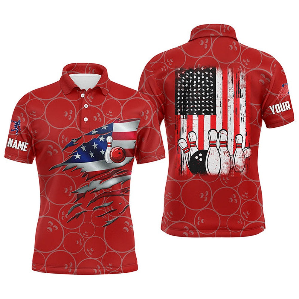 Custom Bowling Polo Shirts, Red Bowling Polo Shirts For Men Custom Name Vintage American Flag Bowling Jerseys