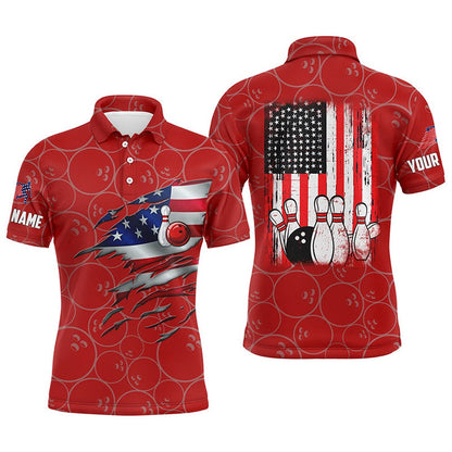 Custom Bowling Polo Shirts, Red Bowling Polo Shirts For Men Custom Name Vintage American Flag Bowling Jerseys