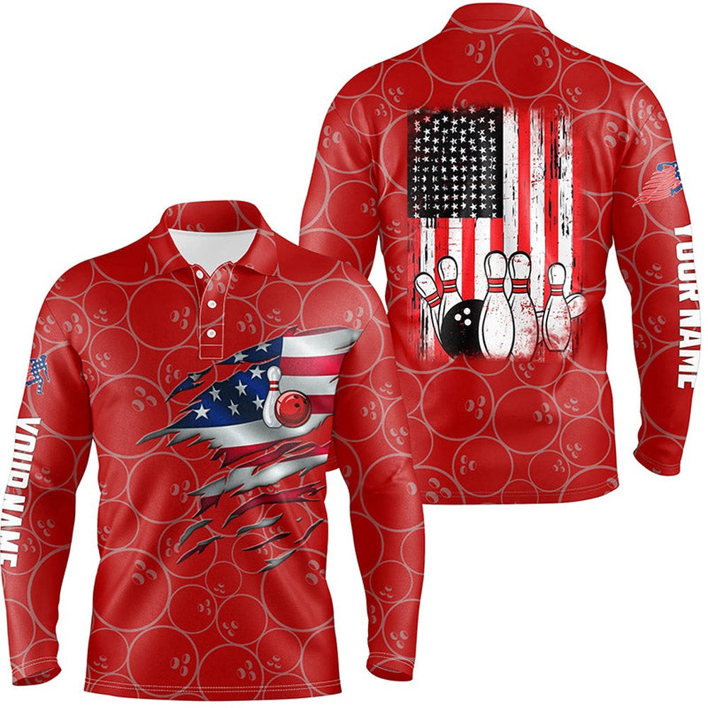 Custom Bowling Polo Shirts, Red Bowling Polo Shirts For Men Custom Name Vintage American Flag Bowling Jerseys