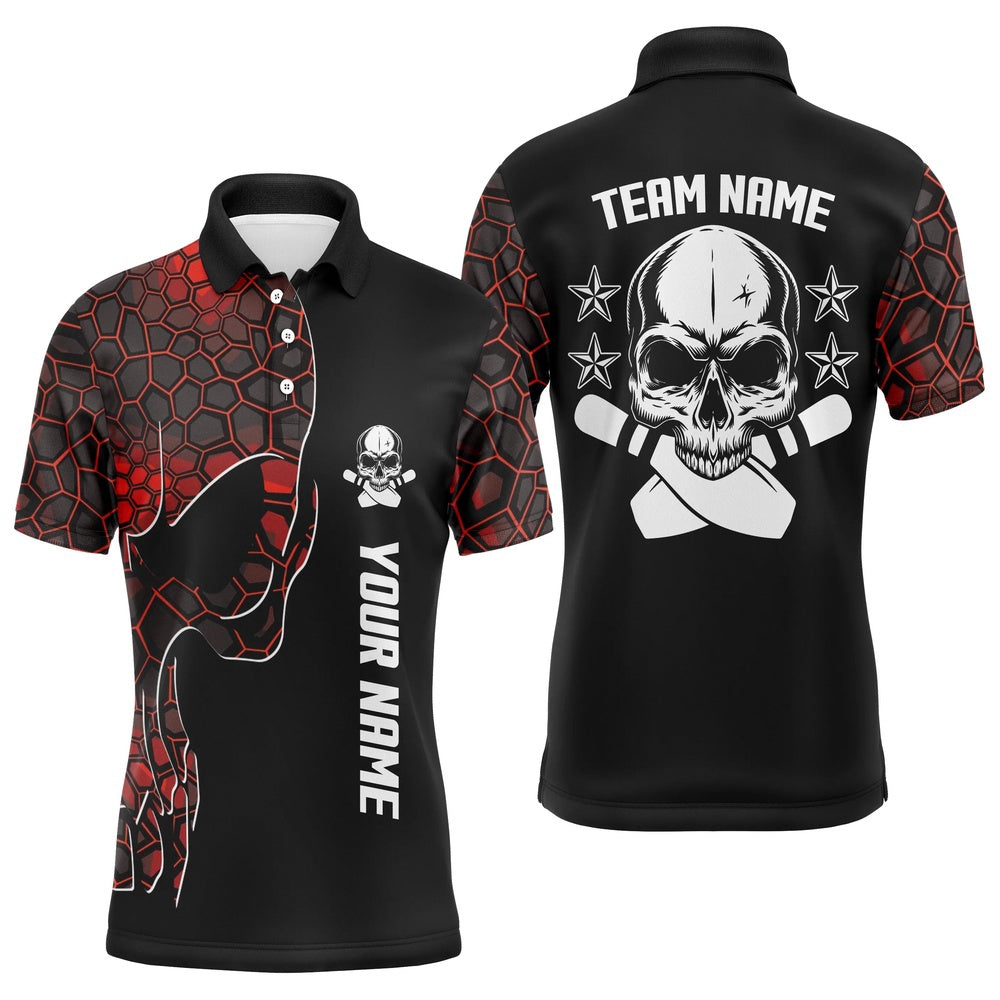 Custom Bowling Polo Shirts, Red Camo Black Bowling Polo Shirts For Men Custom Team Name Skull Bowling, Team Bowling Shirts