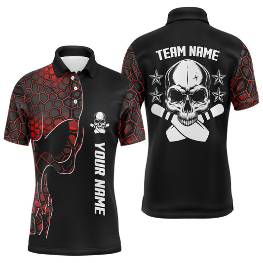Custom Bowling Polo Shirts, Red Camo Black Bowling Polo Shirts For Men Custom Team Name Skull Bowling, Team Bowling Shirts