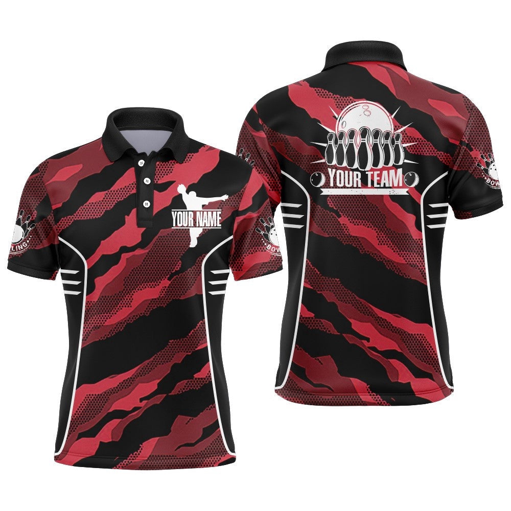 Custom Bowling Polo Shirts, Red Camo Bowling Jersey For Men Custom Bowling Team Shirt Bowling Polo Shirt Short Sleeve