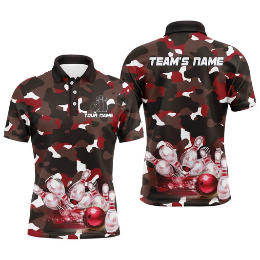 Custom Bowling Polo Shirts, Red Camo Bowling Shirts For Men Custom Bowling Polo Shirt Team Bowling Jerseys