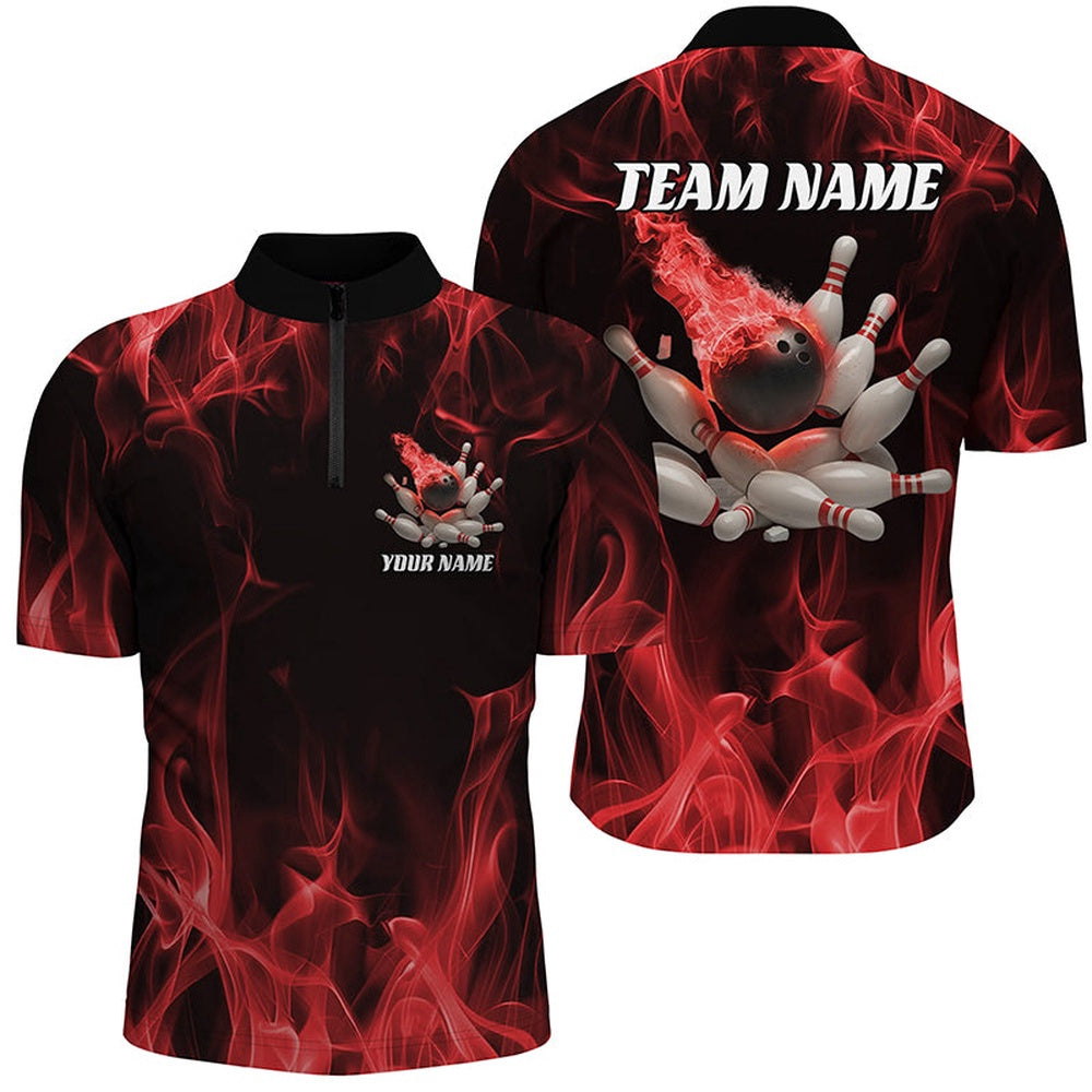 Custom Bowling Polo Shirts, Red Fire Bowling Ball And Pins Custom Shirts For Men And Women, Flame Bowling Team Jerseys
