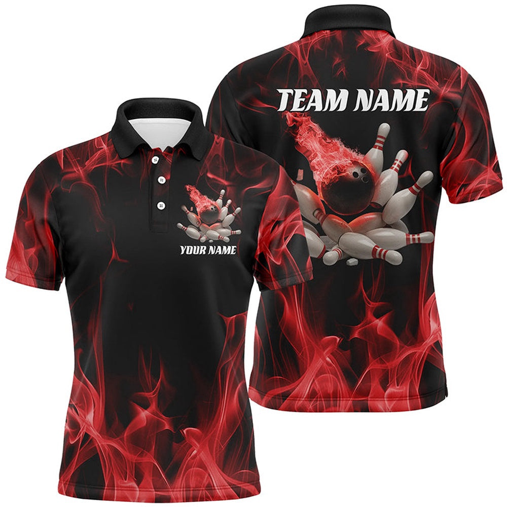 Custom Bowling Polo Shirts, Red Fire Bowling Ball And Pins Custom Shirts For Men And Women, Flame Bowling Team Jerseys