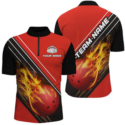 Custom Bowling Polo Shirts, Red Flame Bowling Ball Custom Bowling Shirts For Men And Women, Bowling Team Jerseys
