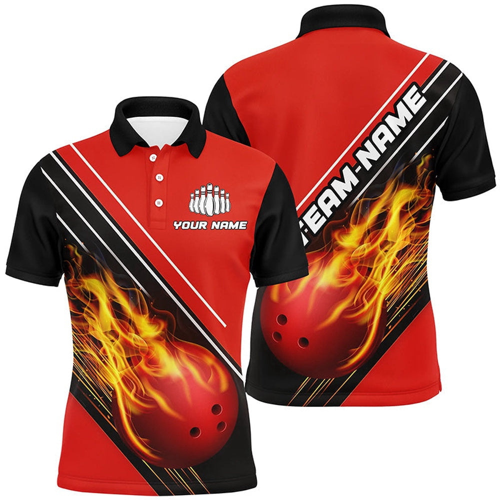 Custom Bowling Polo Shirts, Red Flame Bowling Ball Custom Bowling Shirts For Men And Women, Bowling Team Jerseys
