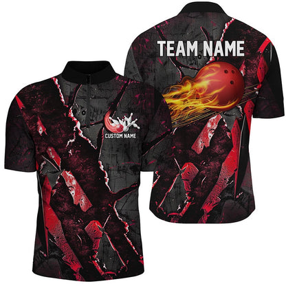 Custom Bowling Polo Shirts, Red Flame Bowling Ball Customize Bowling Team Shirts, Bowling Tournament Outfits