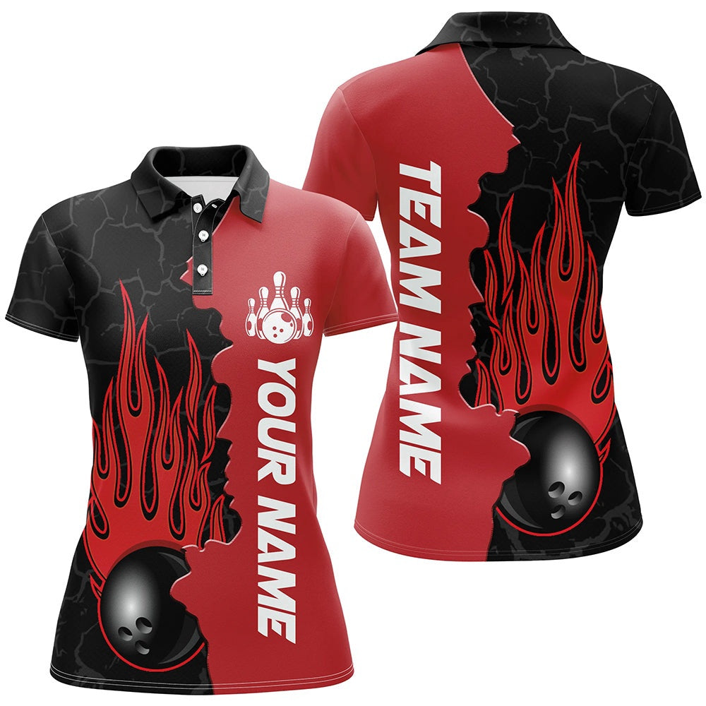 Custom Bowling Polo Shirts, Red Flame Bowling Polo Shirt Men & Women Custom Bowling Team League Jerseys