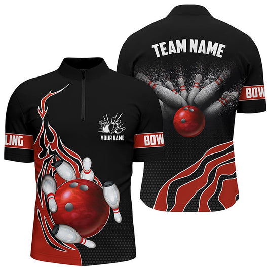 Custom Bowling Polo Shirts, Red Flame Bowling Polo Shirts For Men Bowling Ball, Custom Bowling Team Jerseys Bowler Outfits