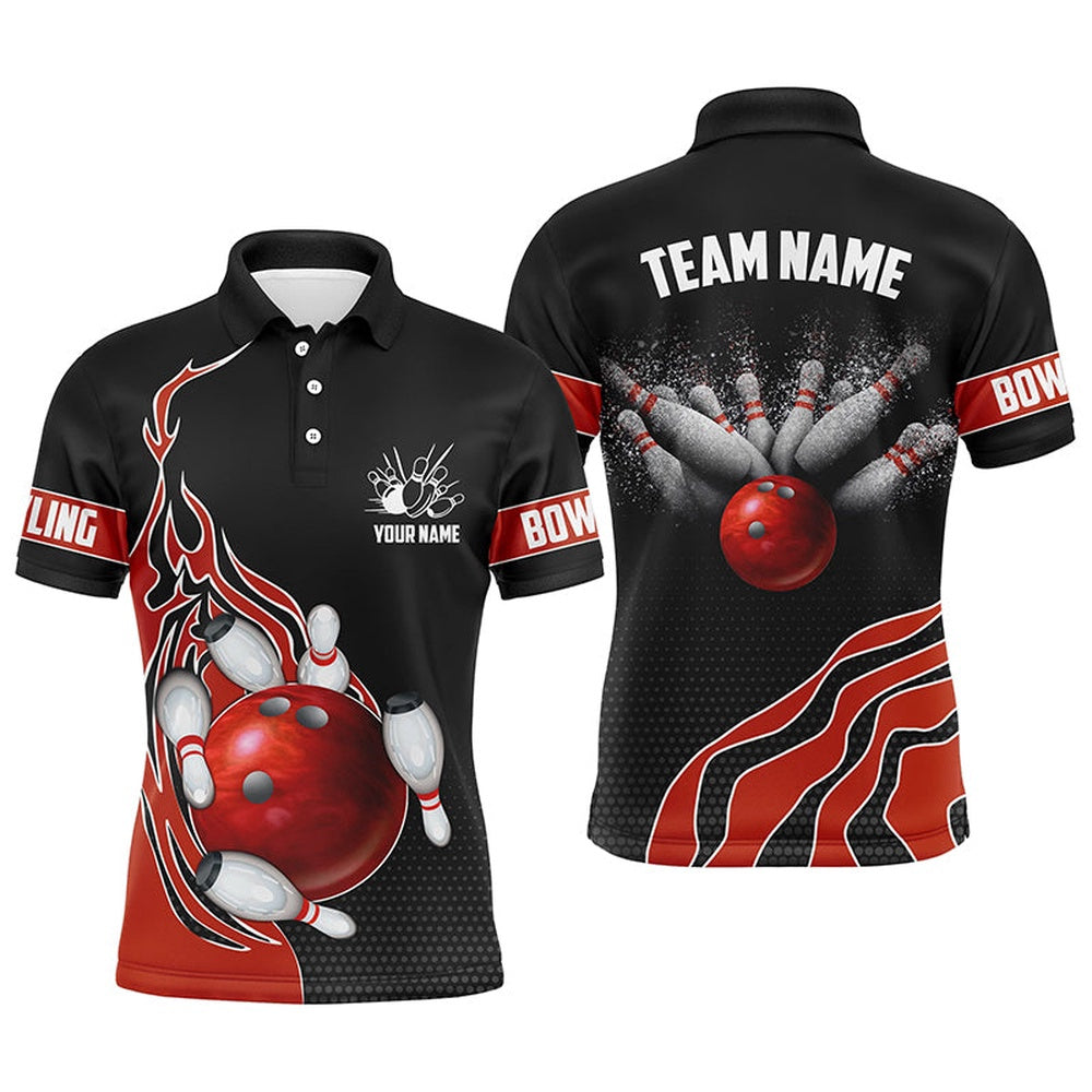 Custom Bowling Polo Shirts, Red Flame Bowling Polo Shirts For Men Bowling Ball, Custom Bowling Team Jerseys Bowler Outfits