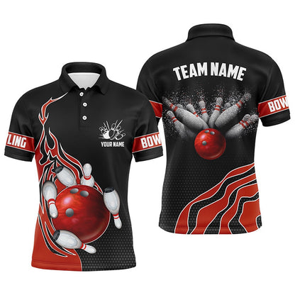 Custom Bowling Polo Shirts, Red Flame Bowling Polo Shirts For Men Bowling Ball, Custom Bowling Team Jerseys Bowler Outfits