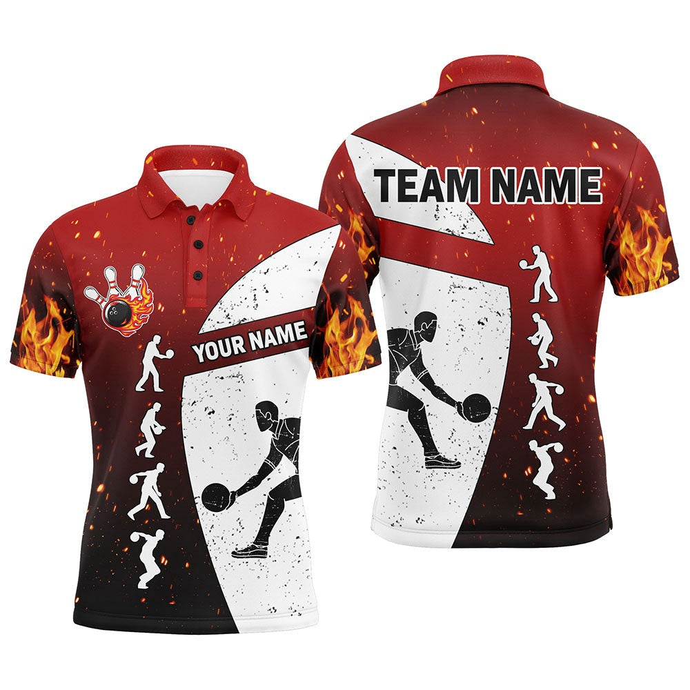 Custom Bowling Polo Shirts, Red Flame Bowling Shirt For Men, Personalized Name Bowling Lovers Vintage Bowler Jersey