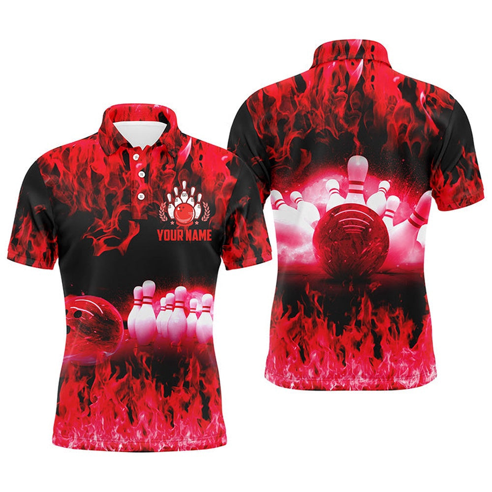 Custom Bowling Polo Shirts, Red Flame Mens Polo Bowling Shirts, Personalized Men'S Bowling Jerseys, Bowling Team Jerseys