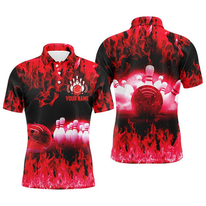 Custom Bowling Polo Shirts, Red Flame Mens Polo Bowling Shirts, Personalized Men'S Bowling Jerseys, Bowling Team Jerseys