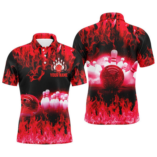 Custom Bowling Polo Shirts, Red Flame Mens Polo Bowling Shirts, Personalized Men'S Bowling Jerseys, Bowling Team Jerseys