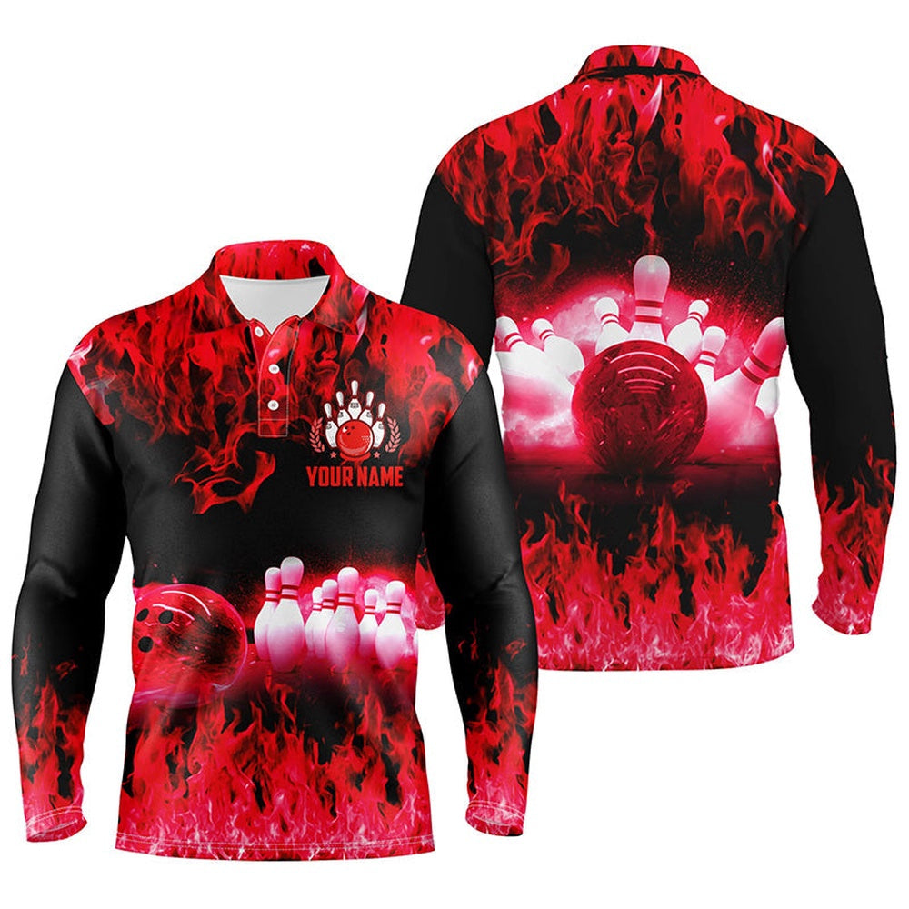 Custom Bowling Polo Shirts, Red Flame Mens Polo Bowling Shirts, Personalized Men'S Bowling Jerseys, Bowling Team Jerseys